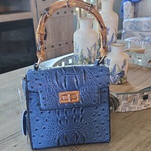 Talbots Blue Textured Crocodile Mini Bag with Bamboo Handle Vegan Leather